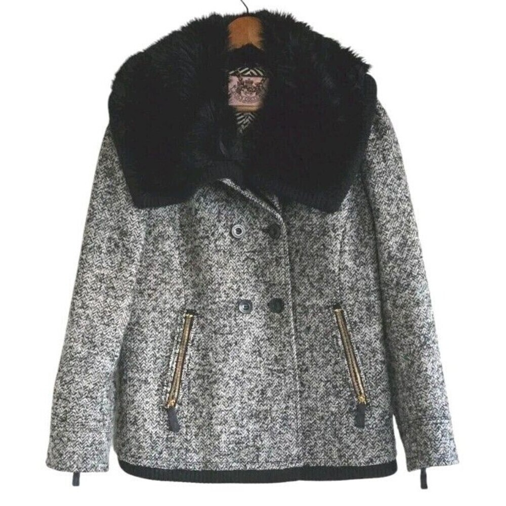 Juicy Couture Tweed Wool Jacket Women Large Black Faux Fur Removable Collar